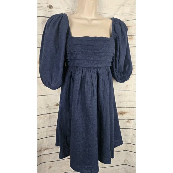Abercrombie & Fitch Emerson Linen Blend Dress XS Navy Blue Puff Sleeve Pleated - Picture 2 of 8